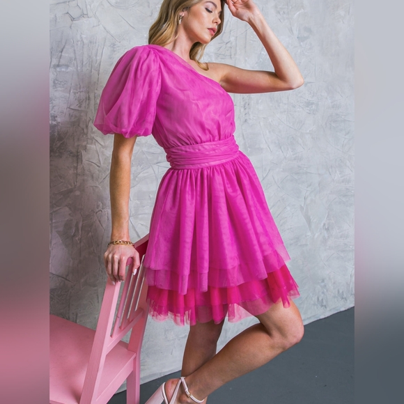 Flying Tomato LE MILIE ROSE MINI DRESS small pink tulle one shoulder dress - Picture 2 of 3